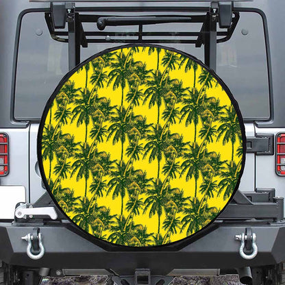 Yellow Palm Tree Pattern Print Leather Spare Tire Cover
