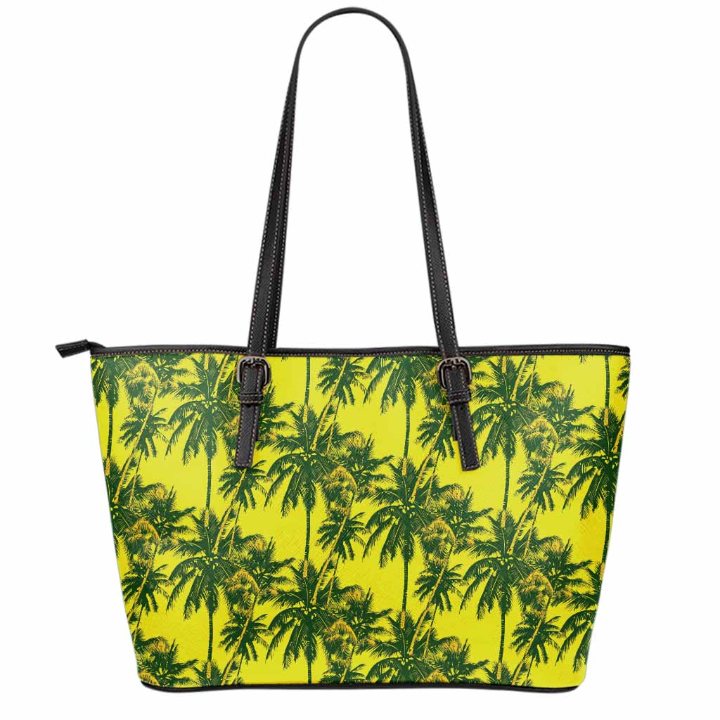 Yellow Palm Tree Pattern Print Leather Tote Bag