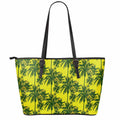 Yellow Palm Tree Pattern Print Leather Tote Bag With Zipper