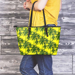 Yellow Palm Tree Pattern Print Leather Tote Bag