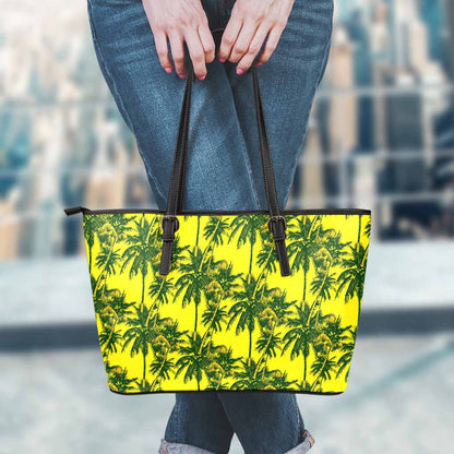 Yellow Palm Tree Pattern Print Leather Tote Bag