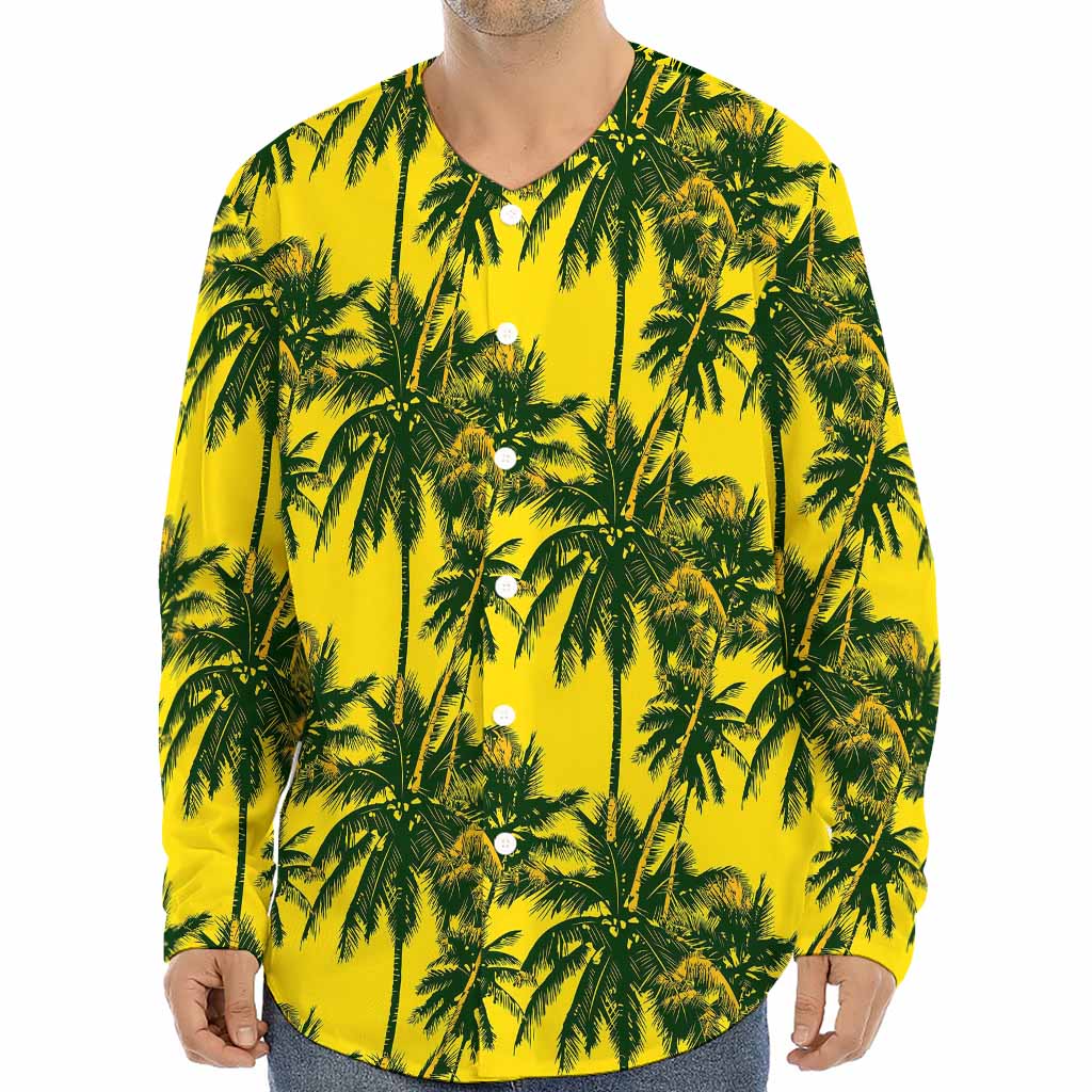 Yellow Palm Tree Pattern Print Long Sleeve Baseball Jersey