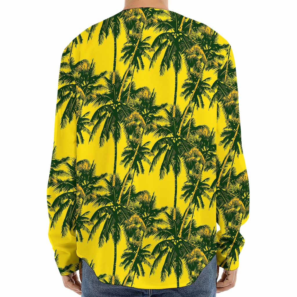 Yellow Palm Tree Pattern Print Long Sleeve Baseball Jersey