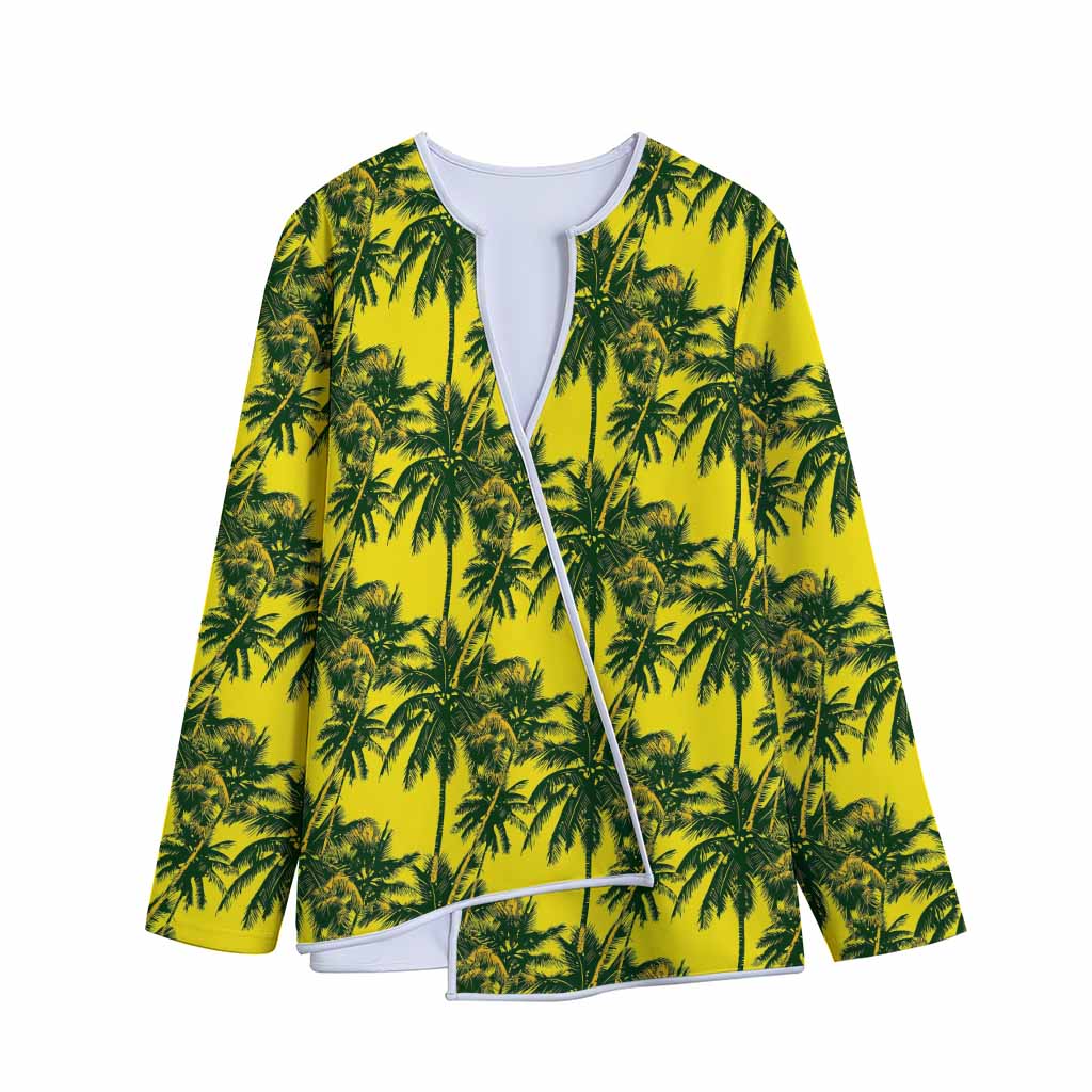 Yellow Palm Tree Pattern Print Long Sleeve Short Coat