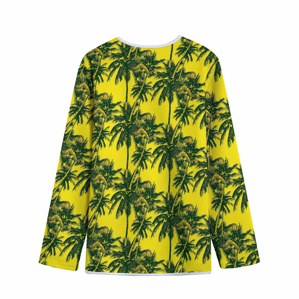 Yellow Palm Tree Pattern Print Long Sleeve Short Coat
