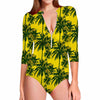 Yellow Palm Tree Pattern Print Long Sleeve Swimsuit
