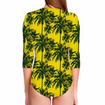 Yellow Palm Tree Pattern Print Long Sleeve Swimsuit