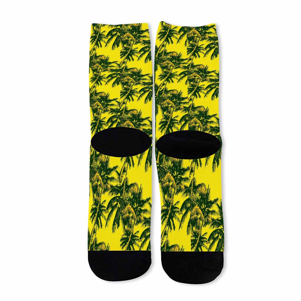 Yellow Palm Tree Pattern Print Long Socks