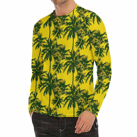 Yellow Palm Tree Pattern Print Men's Long Sleeve Rash Guard