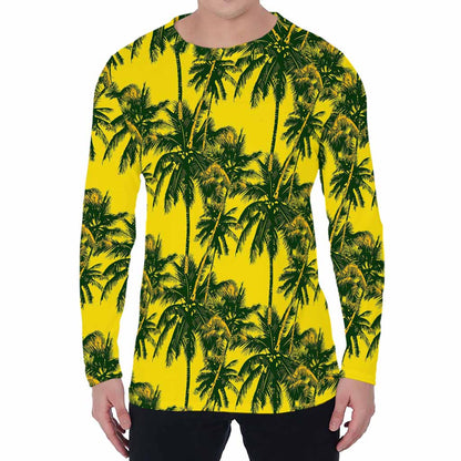 Yellow Palm Tree Pattern Print Men's Long Sleeve T-Shirt