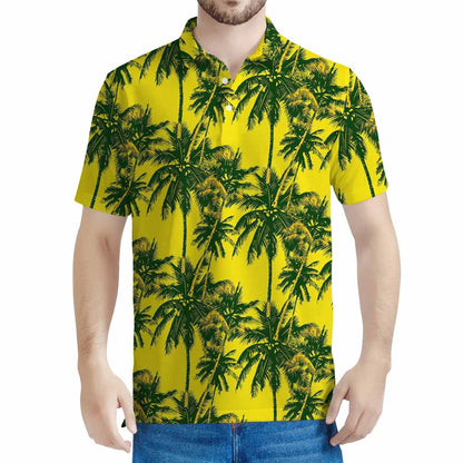 Yellow Palm Tree Pattern Print Men's Polo Shirt