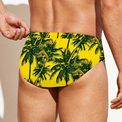 Yellow Palm Tree Pattern Print Men's Swim Briefs