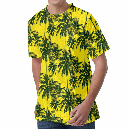 Yellow Palm Tree Pattern Print Men's Velvet T-Shirt