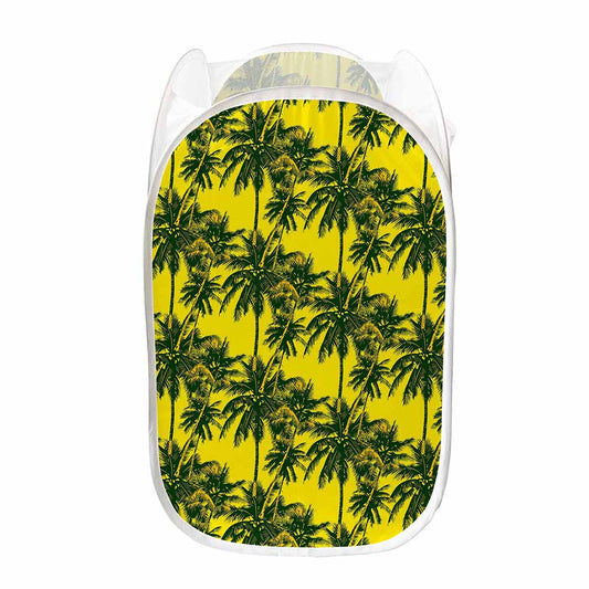 Yellow Palm Tree Pattern Print Mesh Laundry Hamper