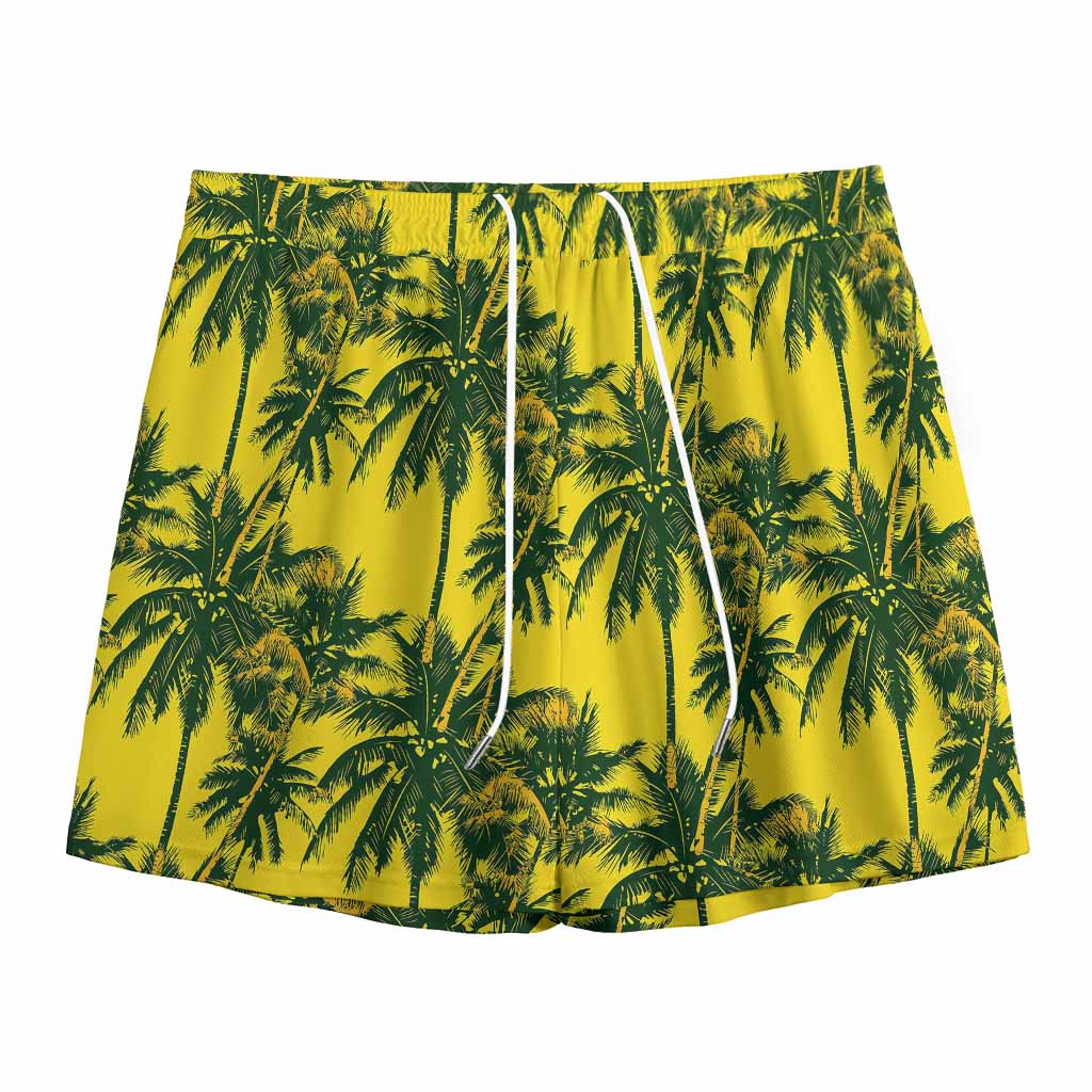 Yellow Palm Tree Pattern Print Mesh Shorts