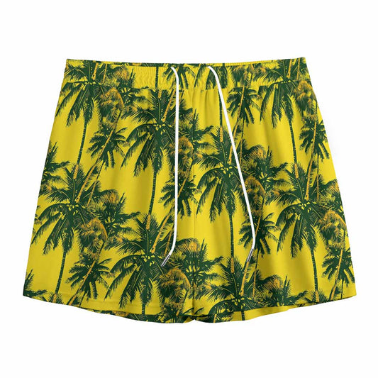 Yellow Palm Tree Pattern Print Mesh Shorts