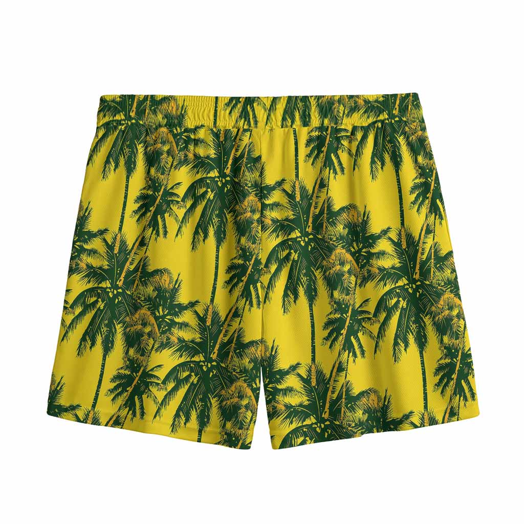 Yellow Palm Tree Pattern Print Mesh Shorts