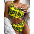 Yellow Palm Tree Pattern Print One Shoulder Bikini Set