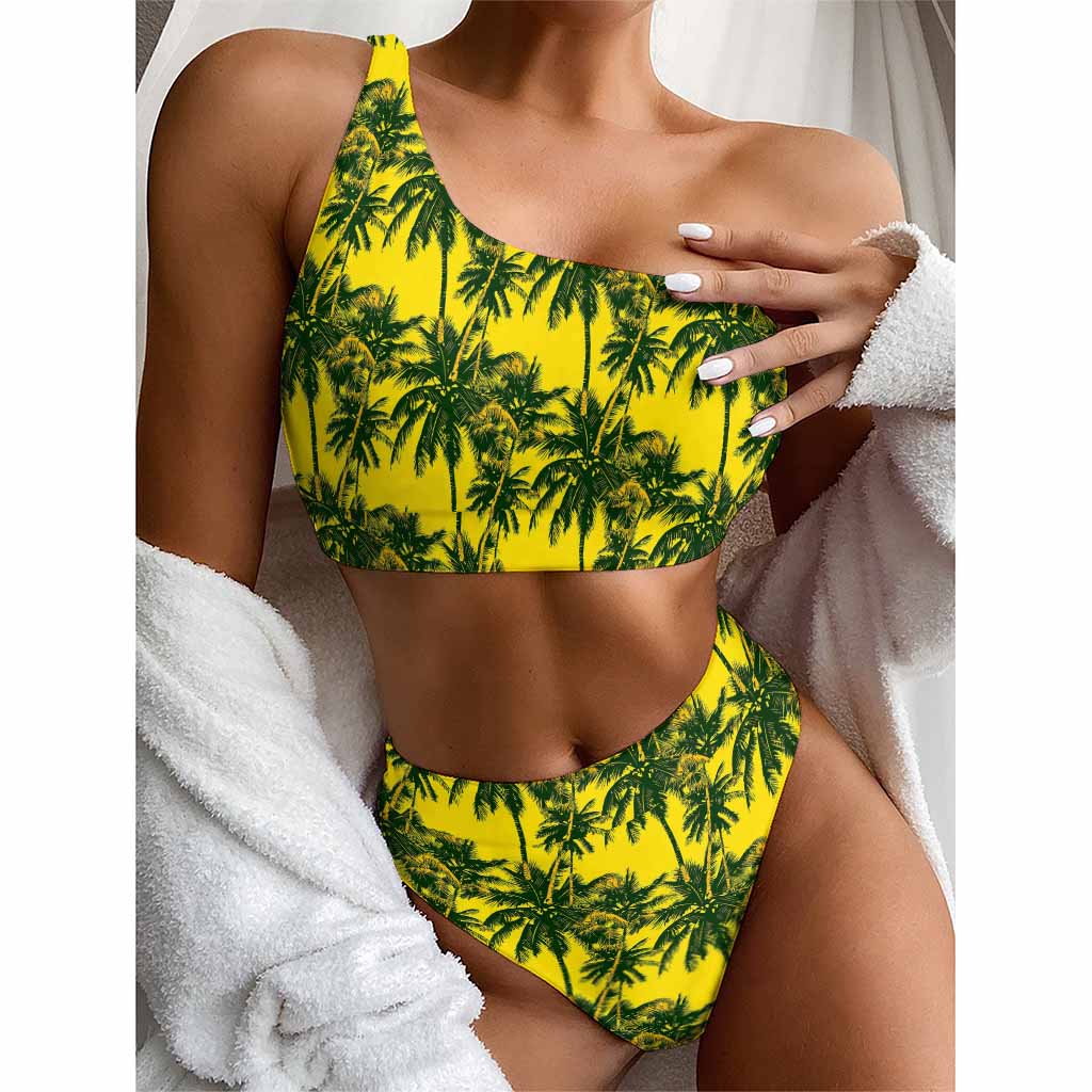 Yellow Palm Tree Pattern Print One Shoulder Bikini Top