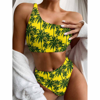 Yellow Palm Tree Pattern Print One Shoulder Bikini Top