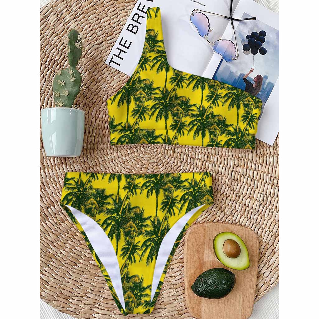 Yellow Palm Tree Pattern Print One Shoulder Bikini Top