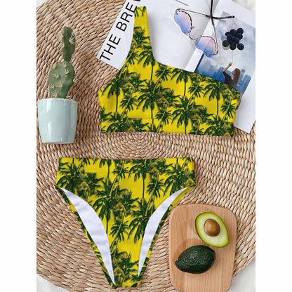 Yellow Palm Tree Pattern Print One Shoulder Bikini Top