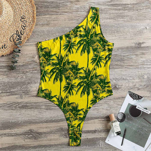 Yellow Palm Tree Pattern Print One Shoulder Bodysuit