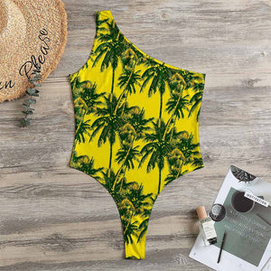 Yellow Palm Tree Pattern Print One Shoulder Bodysuit