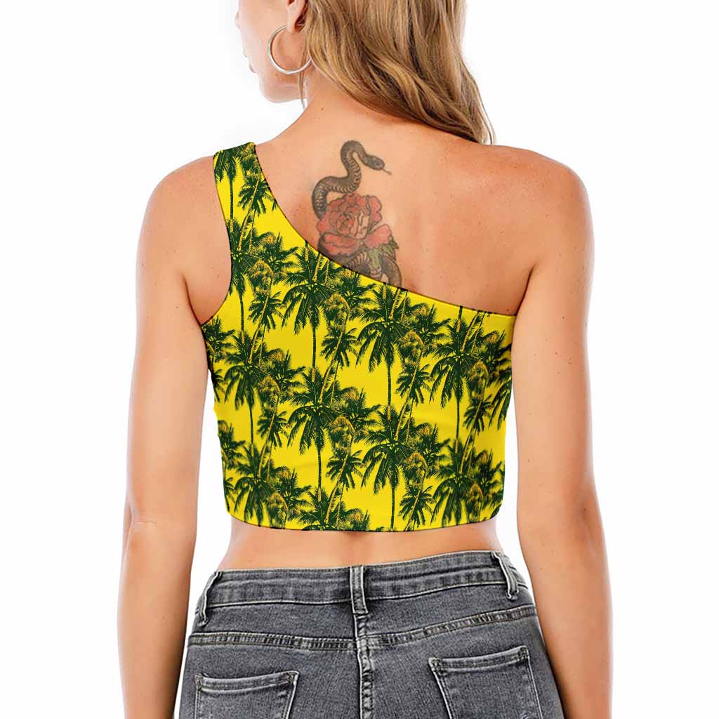 Yellow Palm Tree Pattern Print One Shoulder Crop Top