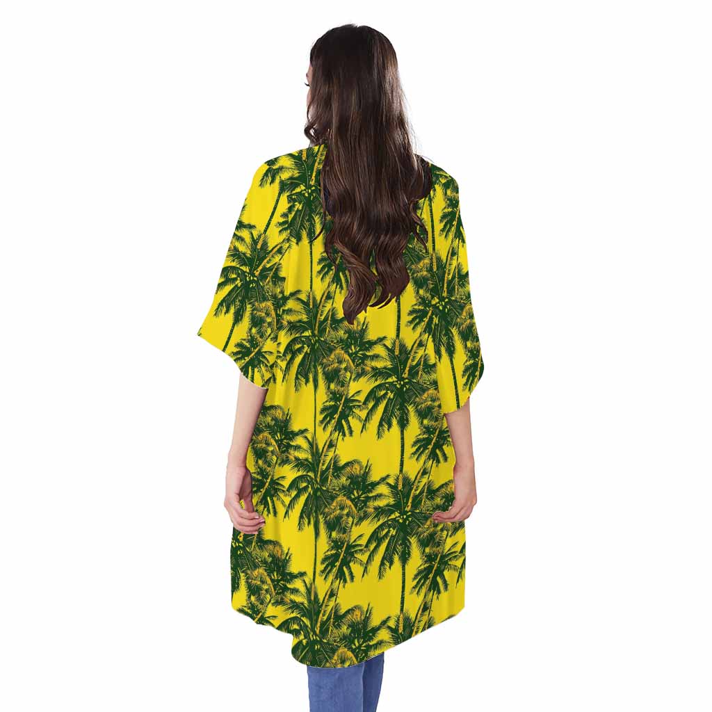 Yellow Palm Tree Pattern Print Open Front Beach Cover Up