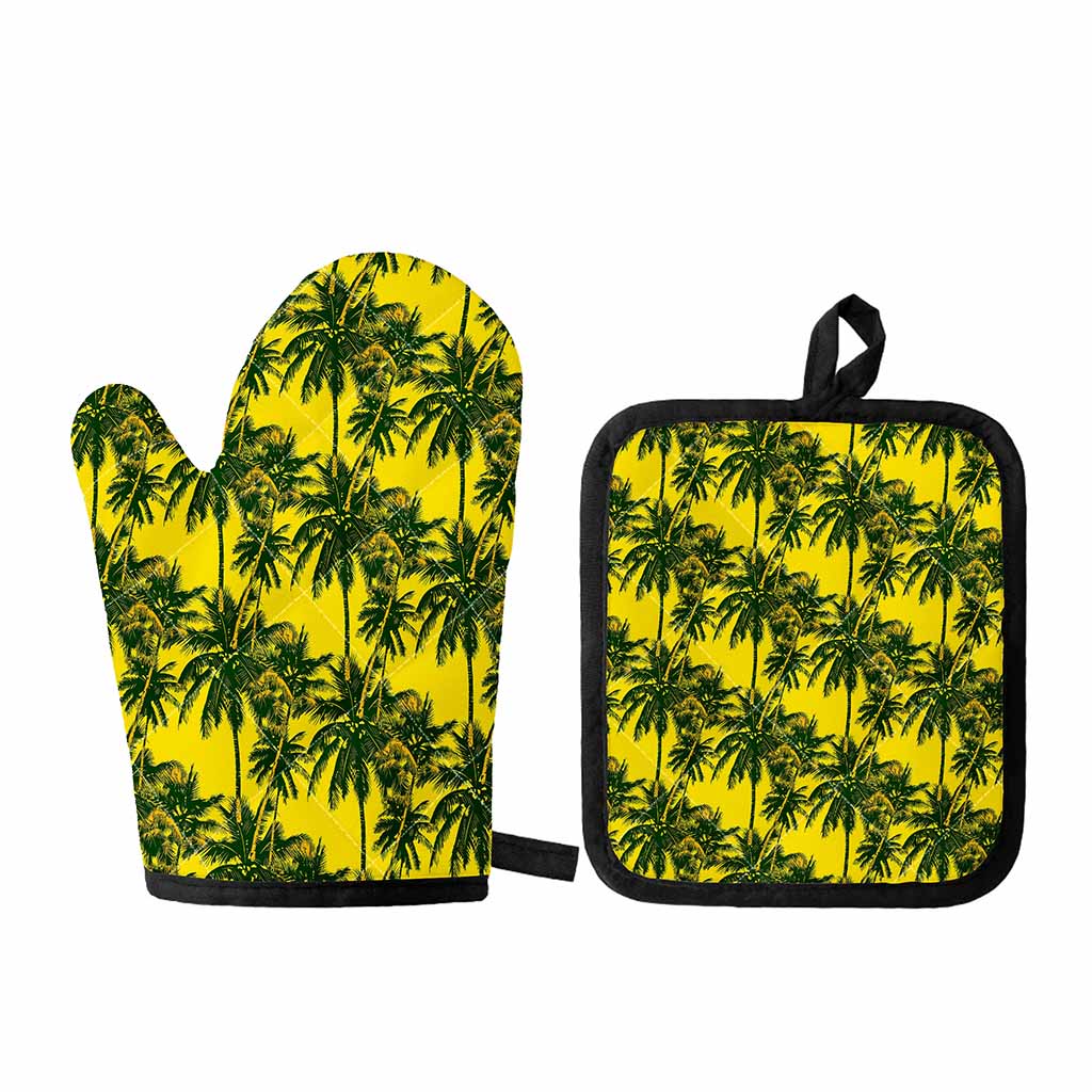 Yellow Palm Tree Pattern Print Oven Mitt And Pot Holder Set