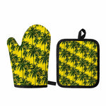 Yellow Palm Tree Pattern Print Oven Mitt And Pot Holder Set