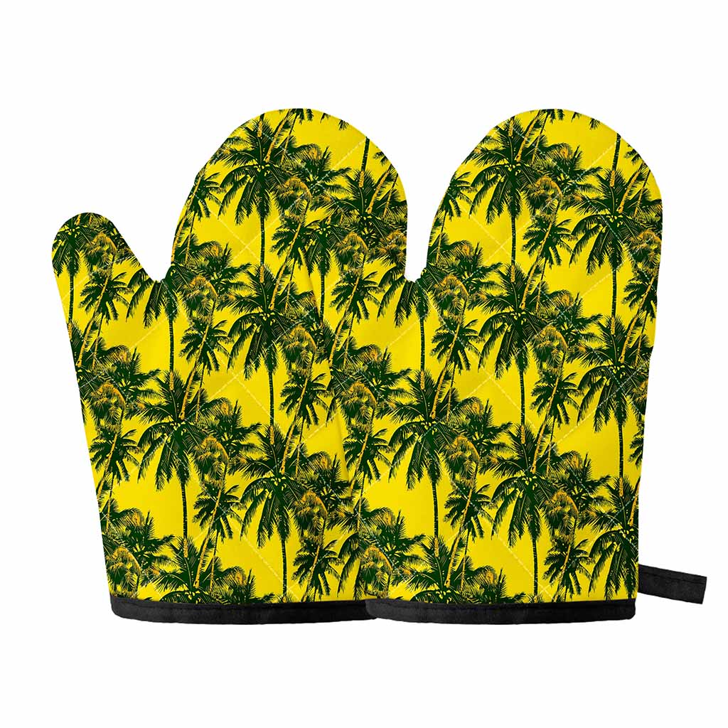 Yellow Palm Tree Pattern Print Oven Mitts