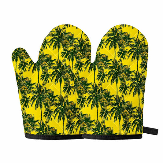 Yellow Palm Tree Pattern Print Oven Mitts