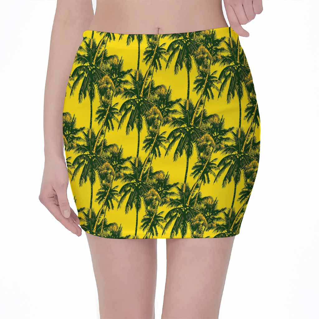 Yellow Palm Tree Pattern Print Pencil Mini Skirt
