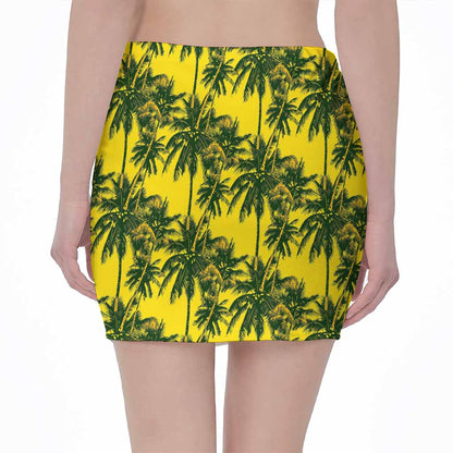 Yellow Palm Tree Pattern Print Pencil Mini Skirt