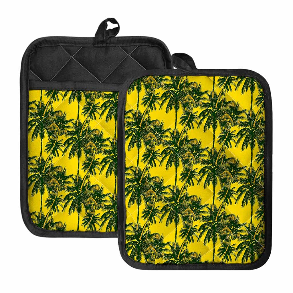 Yellow Palm Tree Pattern Print Pot Holders With Pocket