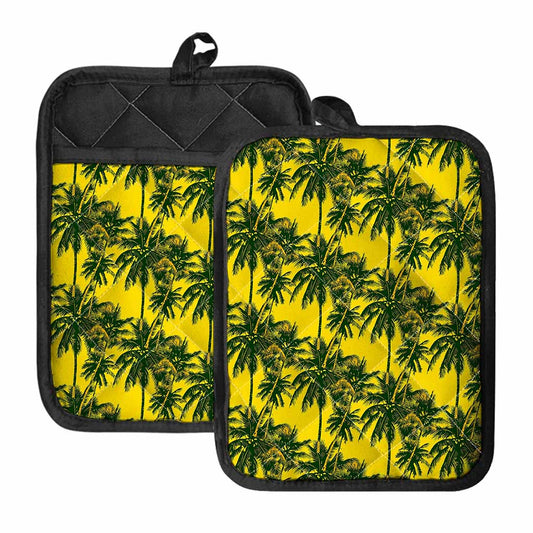 Yellow Palm Tree Pattern Print Pot Holders With Pocket