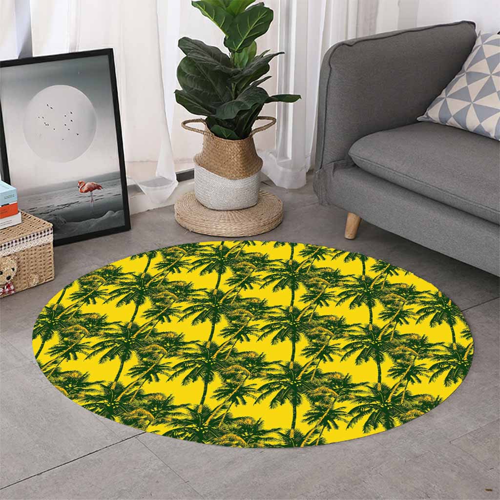 Yellow Palm Tree Pattern Print Round Rug