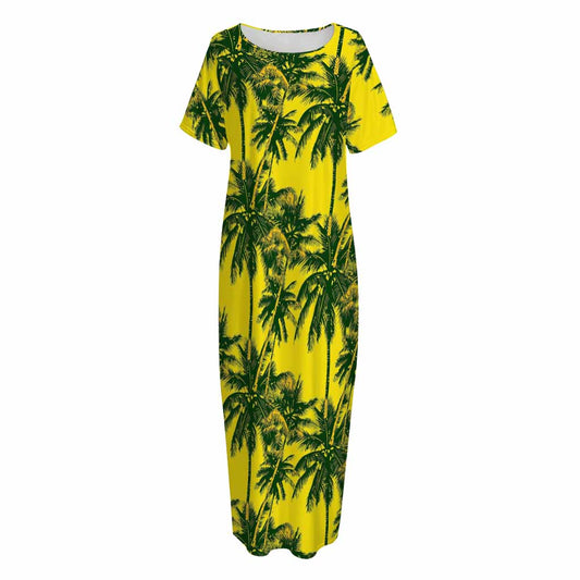Yellow Palm Tree Pattern Print Short Sleeve Long Nightdress