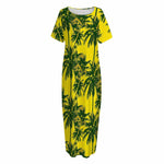 Yellow Palm Tree Pattern Print Short Sleeve Long Nightdress