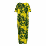 Yellow Palm Tree Pattern Print Short Sleeve Long Nightdress