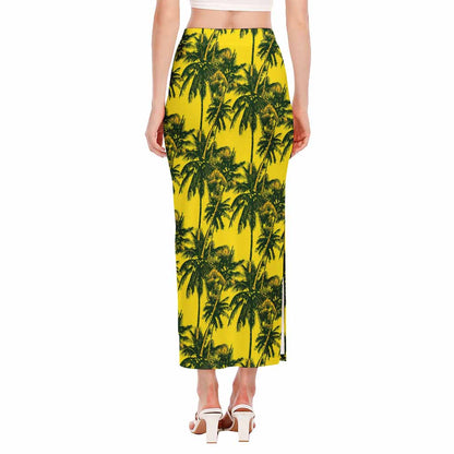 Yellow Palm Tree Pattern Print Side Slit Maxi Skirt