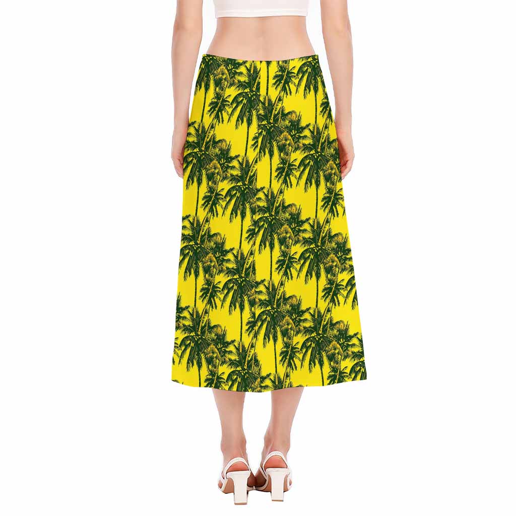 Yellow Palm Tree Pattern Print Side Slit Midi Skirt