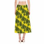 Yellow Palm Tree Pattern Print Side Slit Midi Skirt