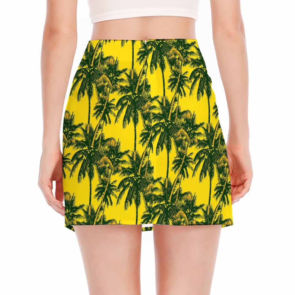 Yellow Palm Tree Pattern Print Side Slit Mini Skirt