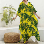 Yellow Palm Tree Pattern Print Silk V-Neck Kaftan Dress