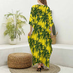 Yellow Palm Tree Pattern Print Silk V-Neck Kaftan Dress