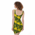 Yellow Palm Tree Pattern Print Sleeveless Bodycon Dress