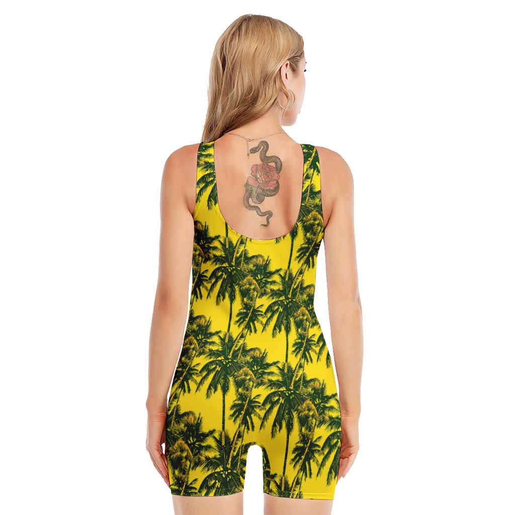 Yellow Palm Tree Pattern Print Sleeveless One Piece Swimsuit
